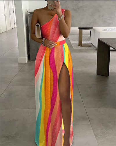 Women Colorblock Slash Neck High Slit Summer Printed Maxi Dress S-XL