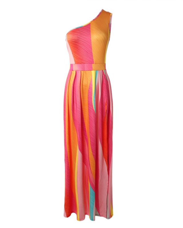 Women Colorblock Slash Neck High Slit Summer Printed Maxi Dress S-XL
