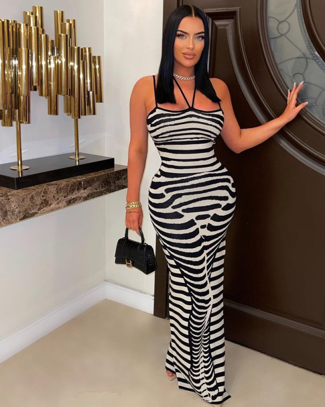 Adjustable Strap Women Printed Long Dress S-XL