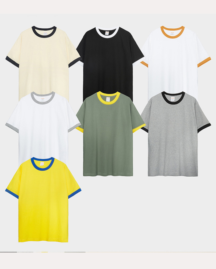 230g Fabric Pure Cotton Color Contrast Short Sleeve Splicing Trim T-shirt Thickened Unisex T-shirt