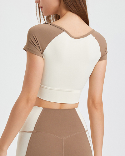 Women Short Sleeve Colorblock Breathable Crop Tops Yoga Tops T-shirt S-XL