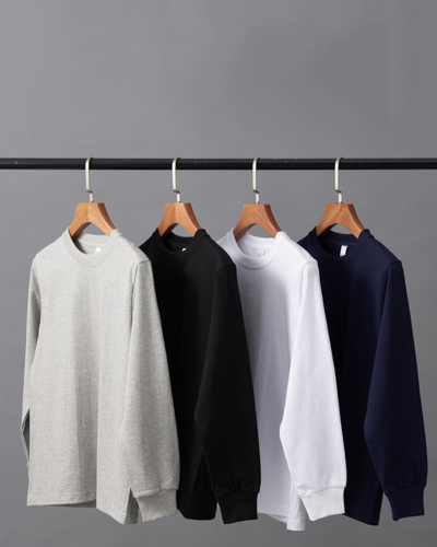 300g Overweight Fabric Long-sleeved T-shirt Pure Cotton Round Neck Threaded Cuff Long-sleeved Solid Color Bottoming T-shirt