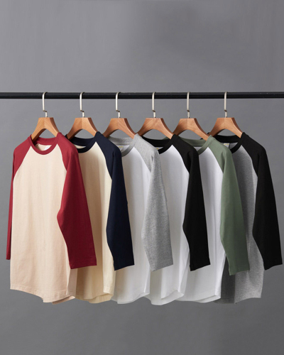 230g Fabric Three-quarter-sleeved T-shirt Pure Cotton Retro Slanted Shoulders Color Matching Curved Hem