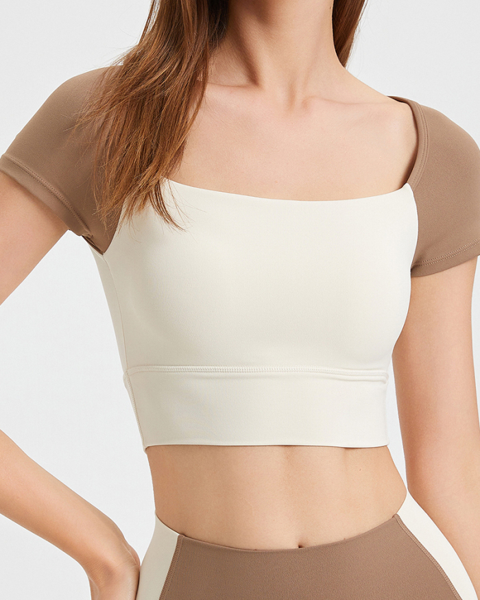 Women Short Sleeve Colorblock Breathable Crop Tops Yoga Tops T-shirt S-XL