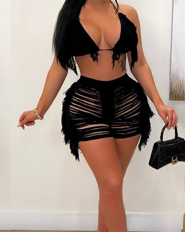 Crochet Women New Fringe Two Piece Short Set