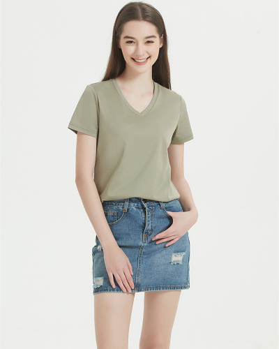 Women V-Neck 170g Cotton Summer Solid Color Basic T-shirt S-3XL