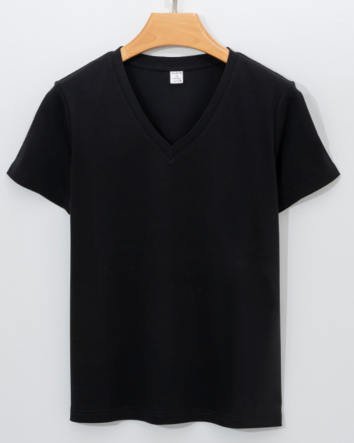 Women V-Neck 170g Cotton Summer Solid Color Basic T-shirt S-3XL