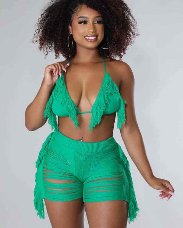 Crochet Women New Fringe Two Piece Short Set