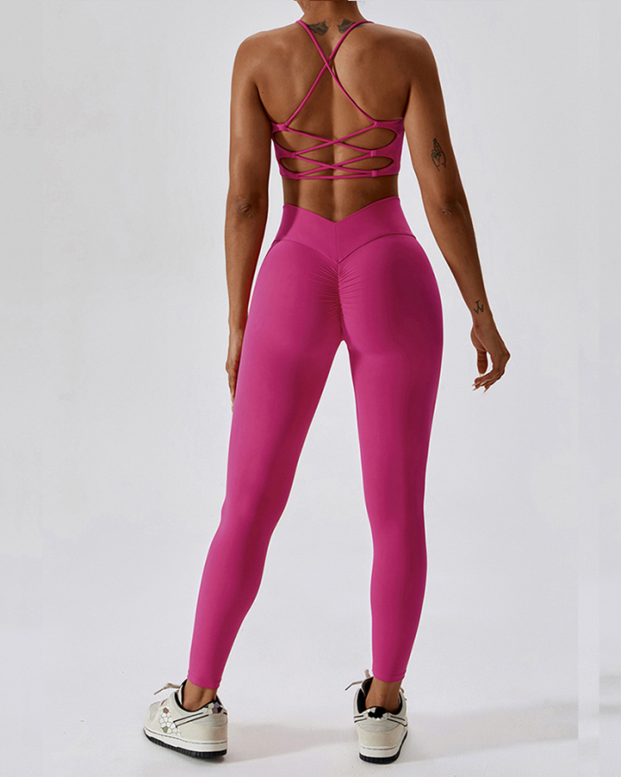 Women Sling Bra Strappy Back Running Pilates Slim High Waist Pants Sets Yoga Two-piece Suits S-XL