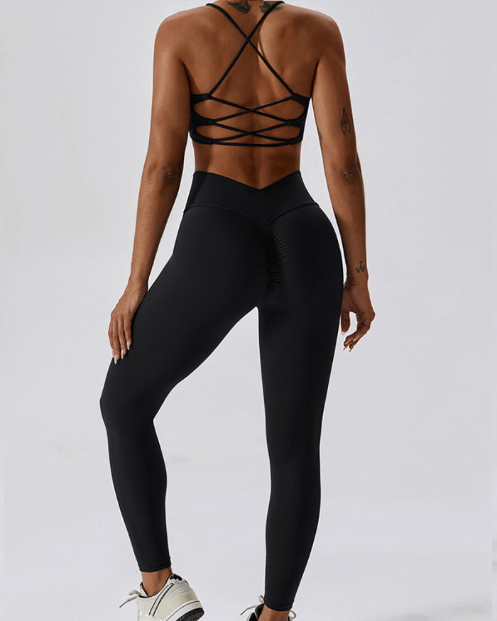 Women Sling Bra Strappy Back Running Pilates Slim High Waist Pants Sets Yoga Two-piece Suits S-XL