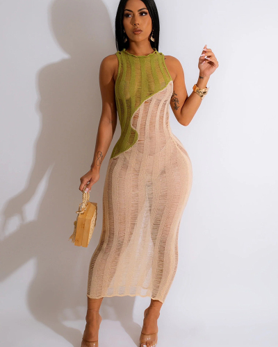 Colorblock Sleeveless Women Crochet Beach Cover Up Dress S-XXL