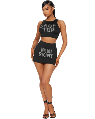 Black Printed Cute Women Two Piece Mini Skirt Set
