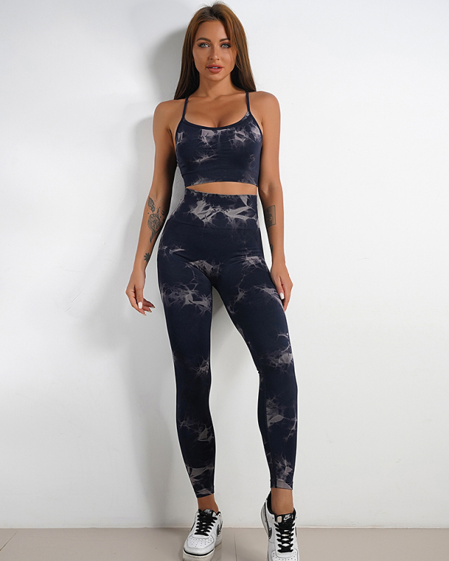 Women Tie Dye Sling Sports Bra High Waist Slim Yoga Running Pants Sets Yoga Two-piece S-L 