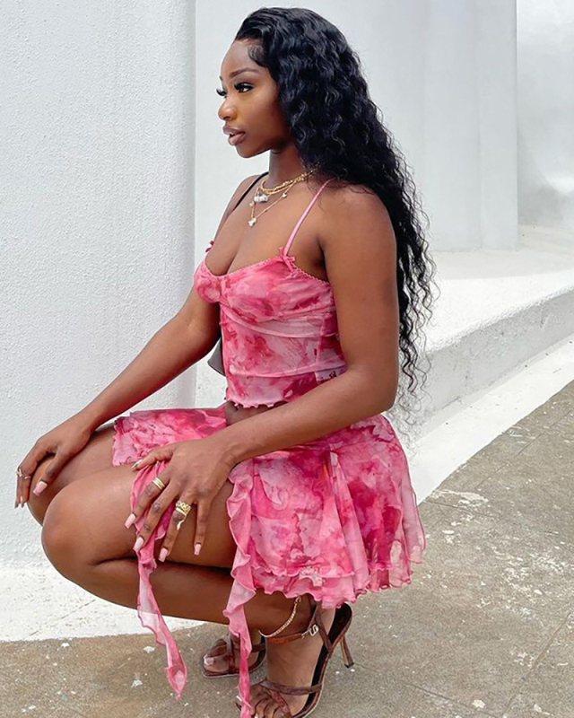 Rosy Two Piece Women Mesh Two Piece Skirt Set