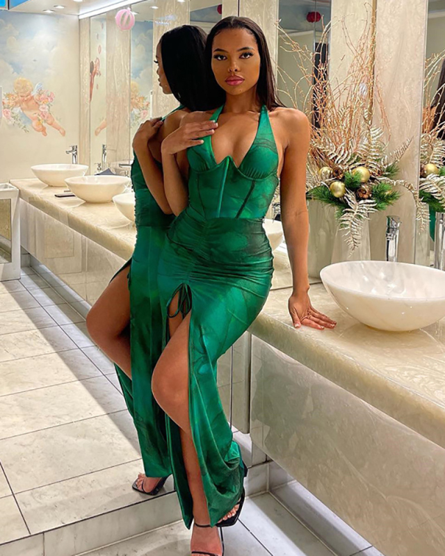 Green Printed Women Cut Party Dress S-L