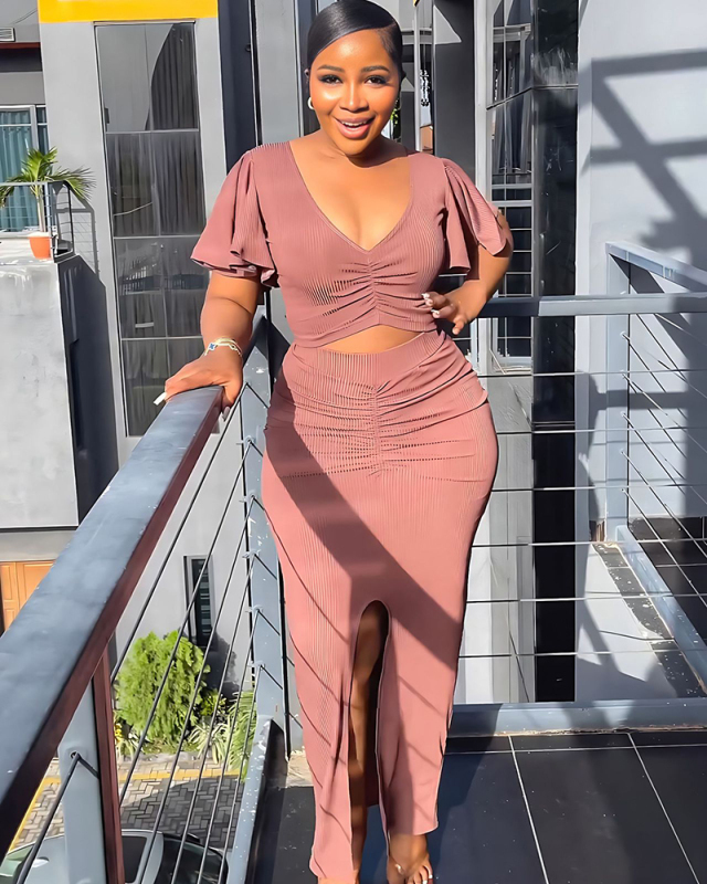 Short Sleeve V-neck Women Beauty Two Piece Skirt Set
