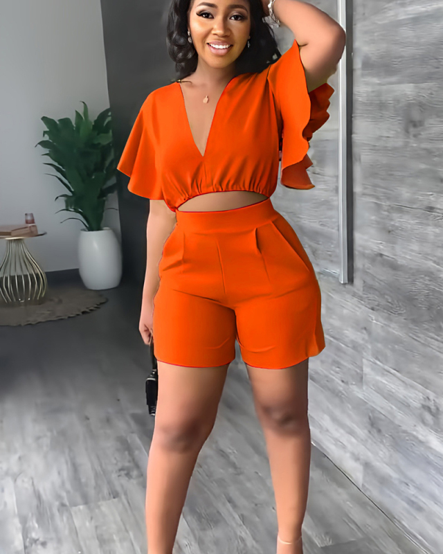 Short Sleeve Women Solid Color Two Piece Short Set