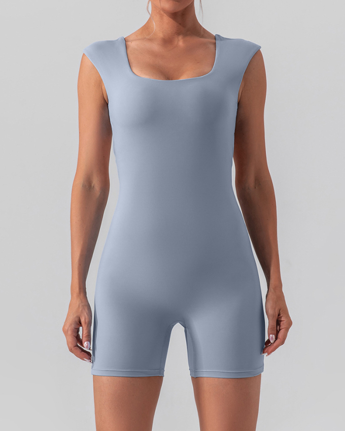 Women Square Neck Sleeveless Slim Quick Dry Solid Color Yoga Romper S-XL