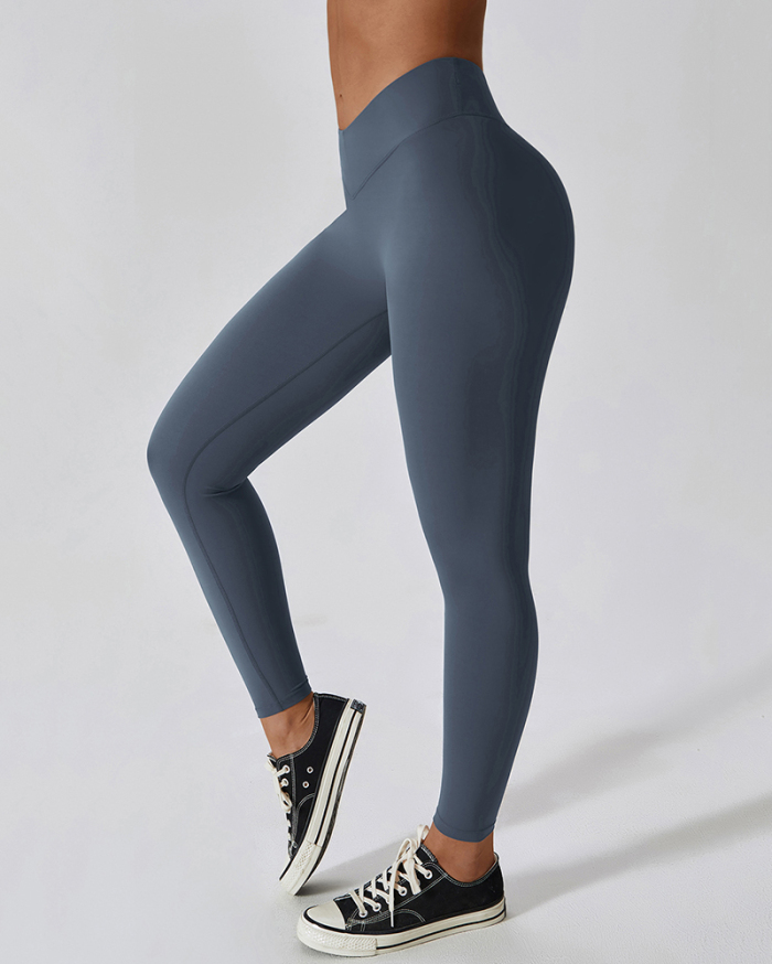 Women Solid Color V Waist High Waist Running Sports Pants S-XL