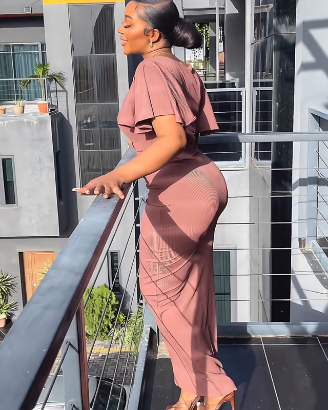 Short Sleeve V-neck Women Beauty Two Piece Skirt Set