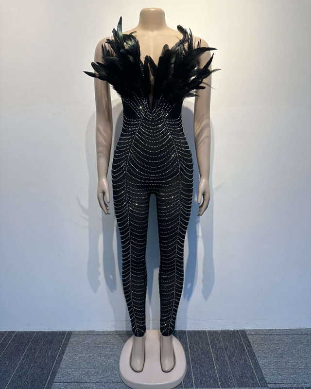 Feather Black Sequin Women Party Jumpsuit S-3XL