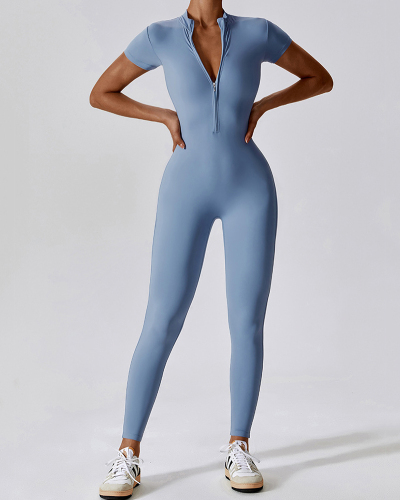 Hot Sale All-In-One Design Zipper Front Short Sleeve Slim Outside Wear Running Yoga Jumpsuit Black Blue Coffee Apricot S-XL