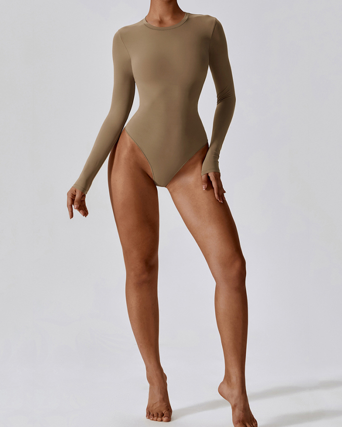 Sexy Long Sleeve Women O Neck Slim Ballet Teddy Bodysuit Black Rosy Camel Coffee S-XL
