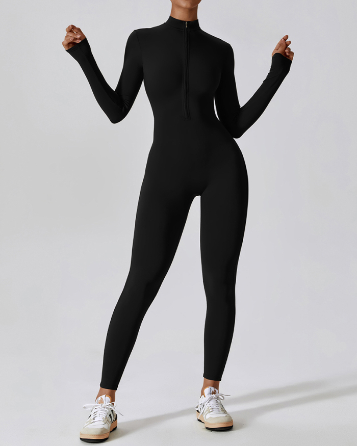 Women Zipper Front Long Sleeve Slim Yoga Jumpsuit Black Blue Coffee Apricot S-XL