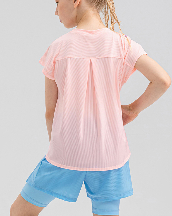 Girl Kids Loose Quick Dry O Neck Short Sleeve T-shirts Blue Pink Yellow Gray 120-150