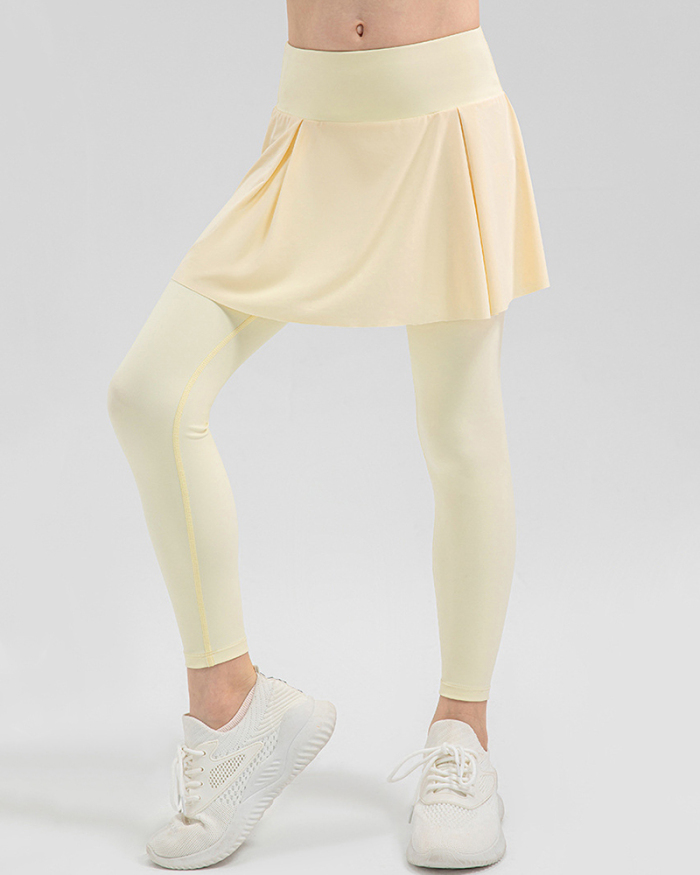Girls Fitness Fake Two Piece Skirts Outside Wear Sports Leggings Yellow Pink Purple Black 120-150