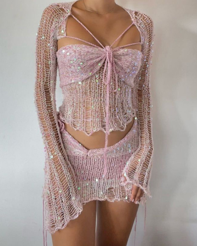 Sequin Women New Sexy 3 Piece Knitted Set S-XL