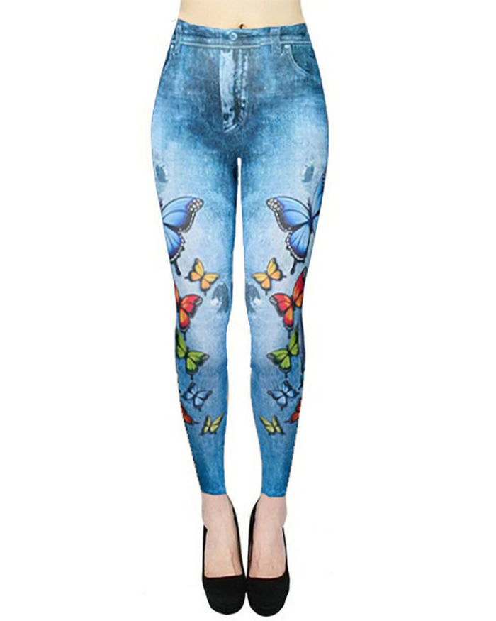 Wholesale Printed Fake Jean High Waist Sports Leggings Pants S-2XL