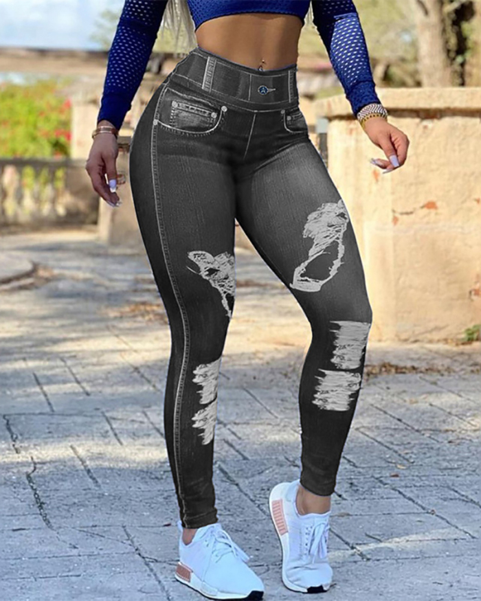 Wholesale Printed Fake Jean High Waist Sports Leggings Pants S-2XL