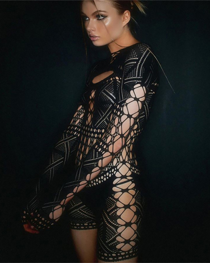 Black Long Sleeve Fishnet Sexy Jumpsuit
