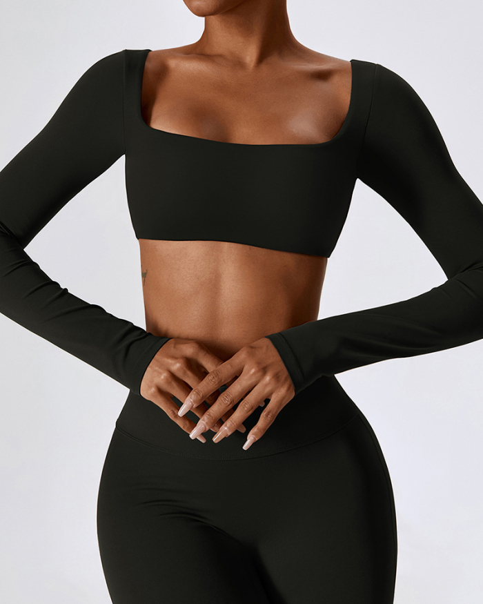 Long Sleeve Square Neck Show Waist Solid Color Yoga Tops Black Brown Coffee Bean Green Apricot S-XL