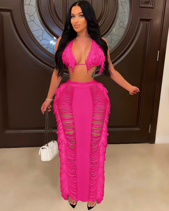 Hot Sale Summer Tassel Knit Beach Wear Skirt Sets Two Pieces Outfit Black Rosy White Orange S-XL