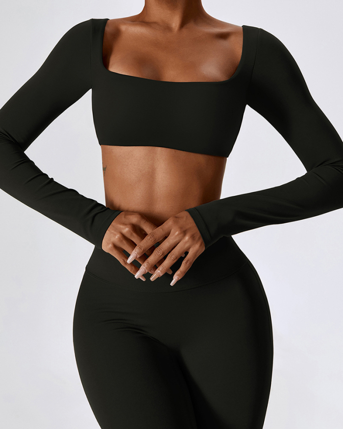 Long Sleeve Square Neck Show Waist Solid Color Yoga Tops Black Brown Coffee Bean Green Apricot S-XL