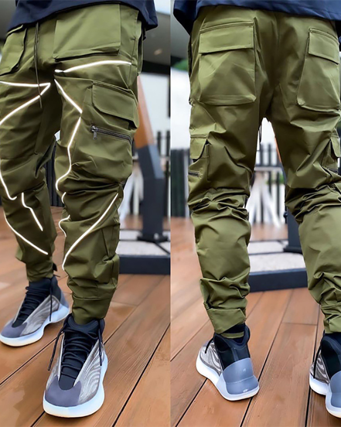 Summer Men Casual Steet Style Refletive Line Pocket Pants M-3XL
