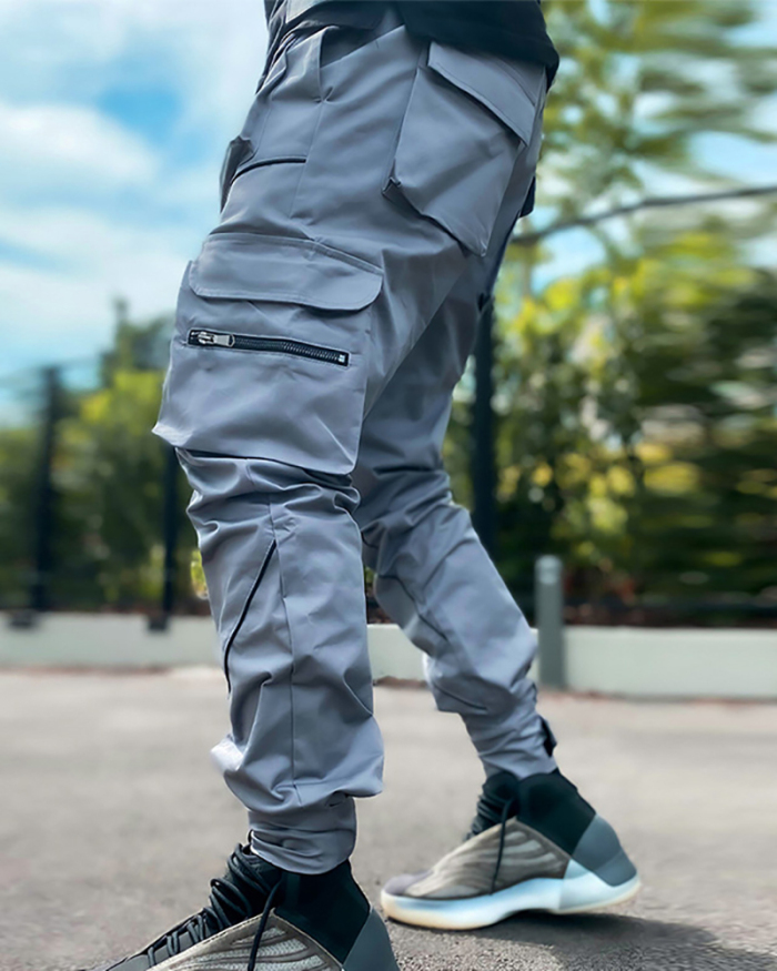 Summer Men Casual Steet Style Refletive Line Pocket Pants M-3XL
