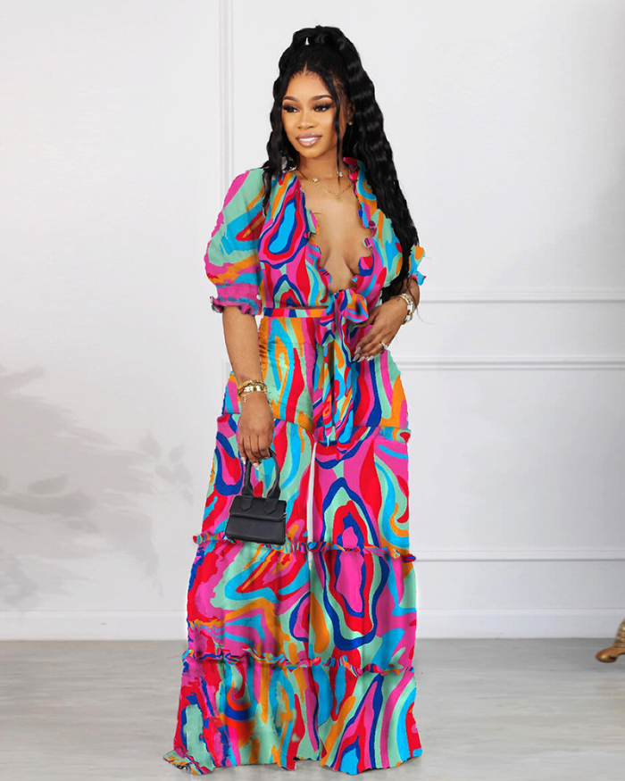 Women Printed Short Sleeve V Neck Crop Top Wide Leg  Pants Sets Two Pieces Outfit S-3XL