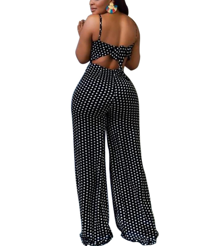Trendy Women Hot Sale Spotted Print Sling Wide Leg Jumpsuits White Black S-2XL