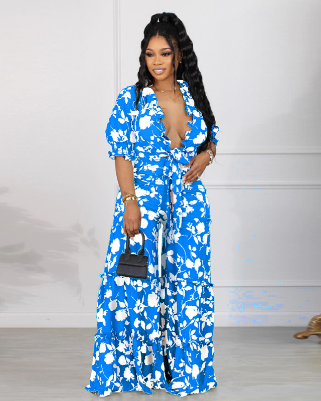 Women Printed Short Sleeve V Neck Crop Top Wide Leg  Pants Sets Two Pieces Outfit S-3XL