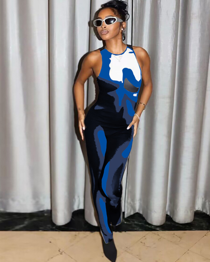 Summer New Sexy Tight Printed Backless Sleeveless Women Jumpsuit Blue Black S-L