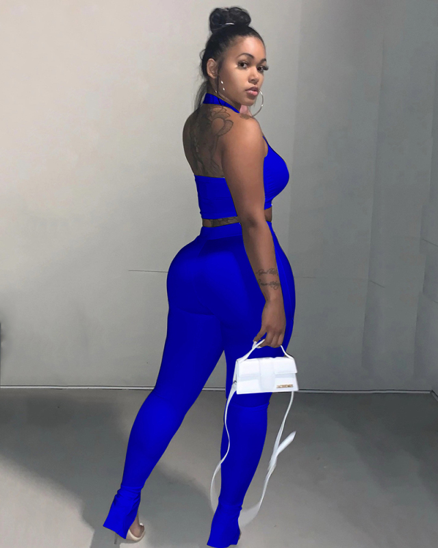 Women Solid Color Halter Neck Crop Top Pants Sets Two Pieces Sets White Yellow Orange Red Black Royal Blue S-3XL