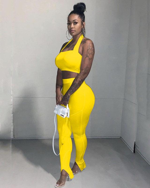 Women Solid Color Halter Neck Crop Top Pants Sets Two Pieces Sets White Yellow Orange Red Black Royal Blue S-3XL