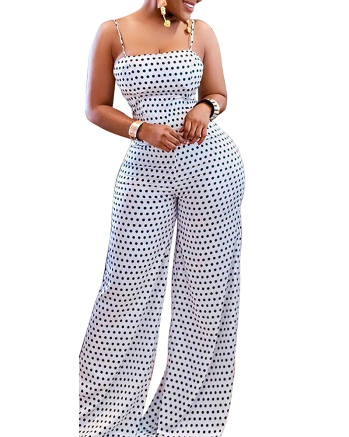 Trendy Women Hot Sale Spotted Print Sling Wide Leg Jumpsuits White Black S-2XL