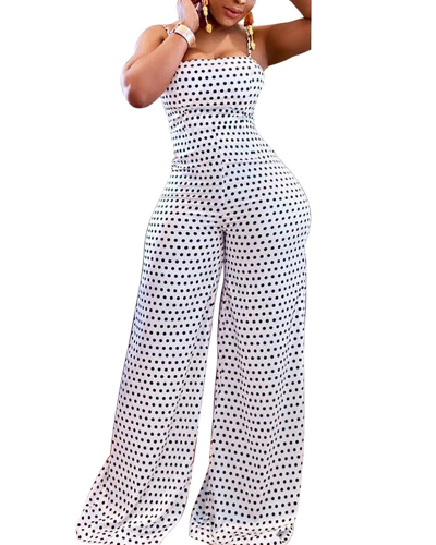 Trendy Women Hot Sale Spotted Print Sling Wide Leg Jumpsuits White Black S-2XL