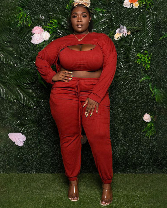 Autumn Women Hollow Out Sexy Solid Color Plus Size Three Pieces Sets Black Red Green L-4XL