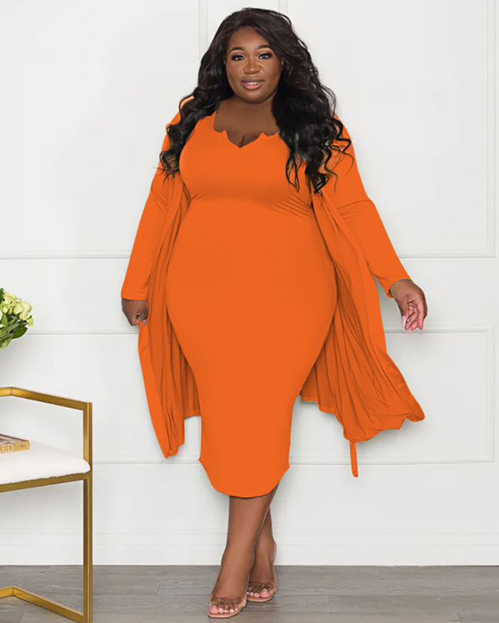 New Causal Women Long Sleeve Coat Sleeveless Midi Dress Plus Size Two Piece Sets Light Green Orange Black Blue L-4XL