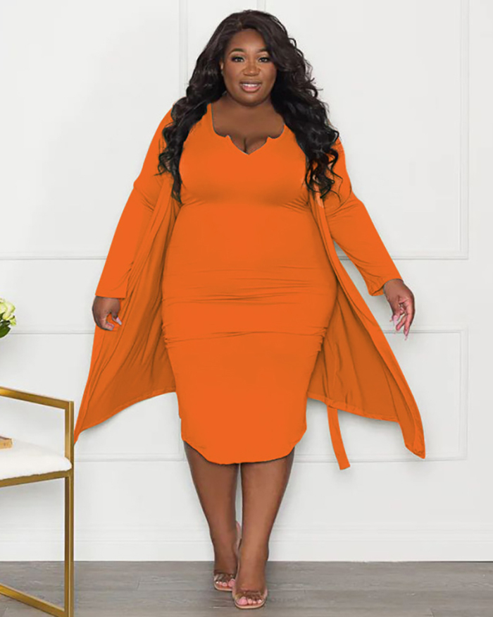 New Causal Women Long Sleeve Coat Sleeveless Midi Dress Plus Size Two Piece Sets Light Green Orange Black Blue L-4XL